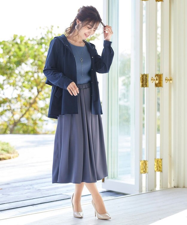 Tiaclasse 【洗える】異素材を組み合わせたミモレ丈リブコンビワンピース ブルー×ブルー