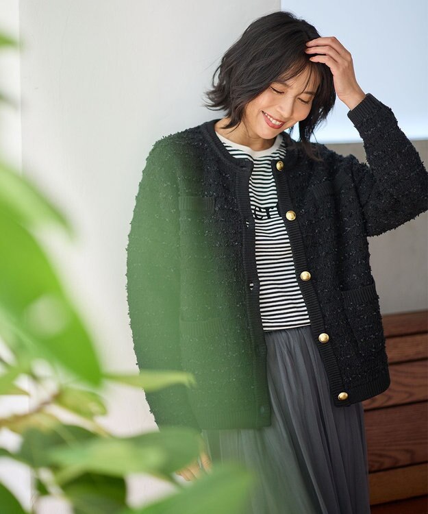 ANY 【洗濯機可】ツイードニットジャケット ブラック×ブラック