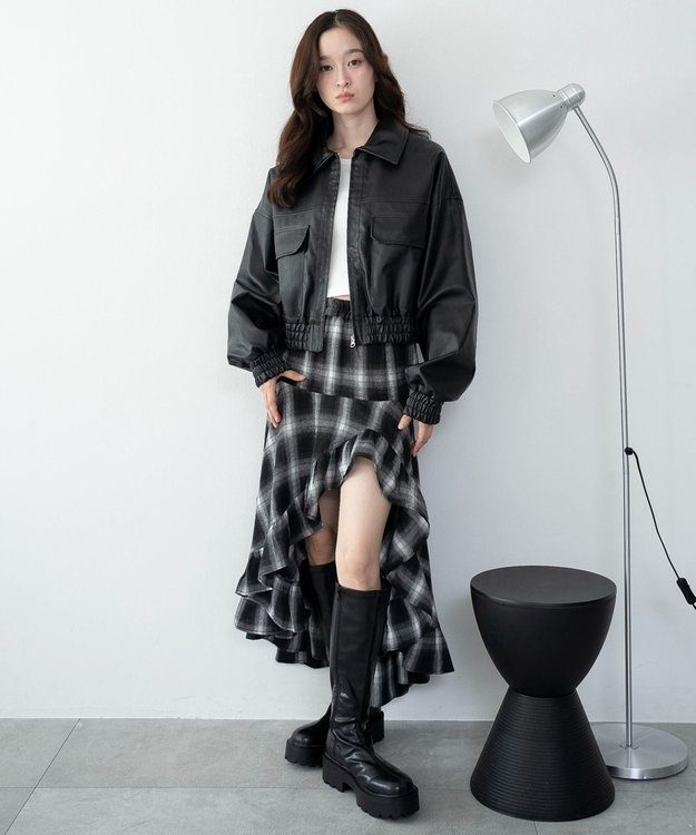WEGO チェックアシンメトリーフリルロングスカート ブラックチェック1