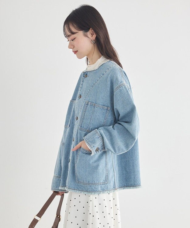 earth music&ecology 【綿100％】デニムノーカラーカバーオール Light Indigo