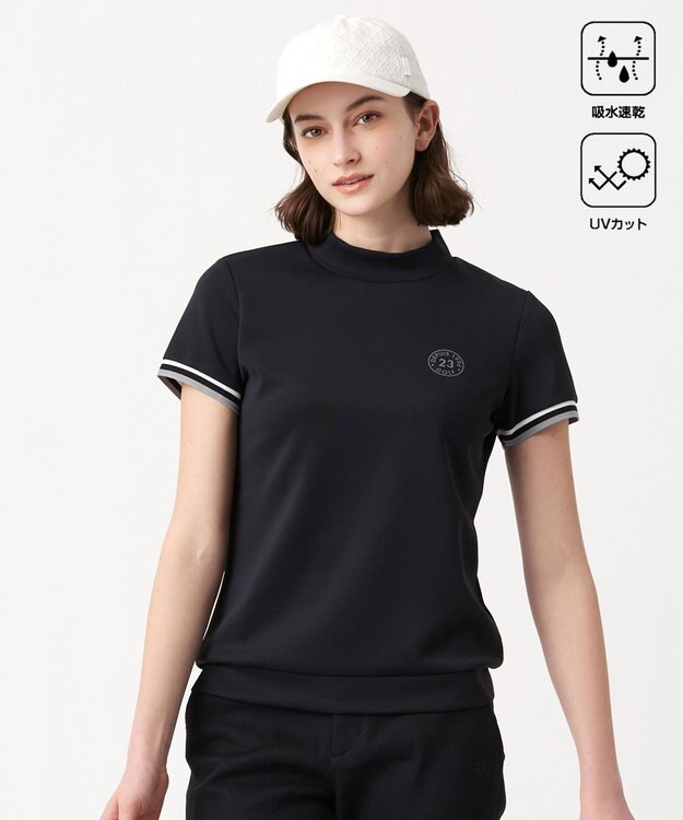 23区GOLF 【WOMEN】【吸水速乾・UVケア】袖ライン モックネックシャツ ブラック系