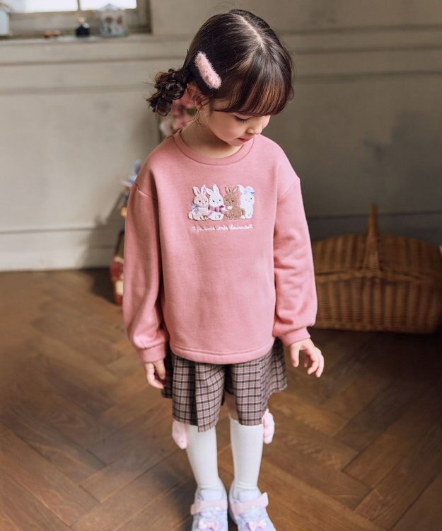 ANY KIDS なかよしサガラ刺繍 裏シャギー トレーナー ピンク×ウサギ