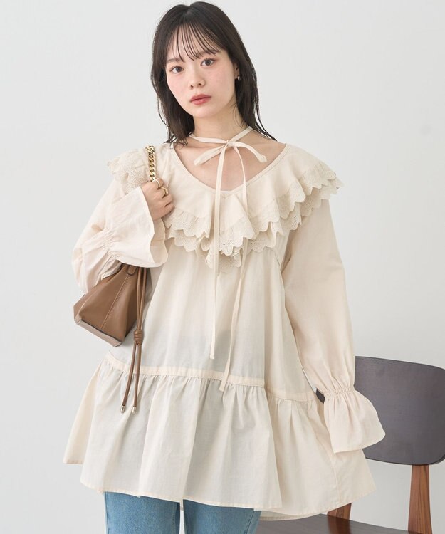 earth music&ecology 【綿100％】サイドリボンラッフルミニワンピース Ecru