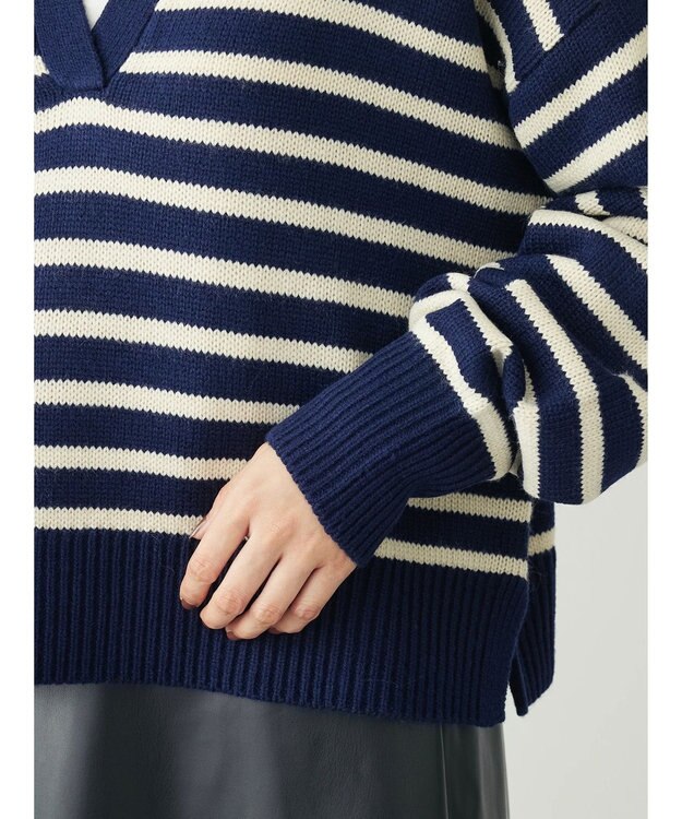 Green Parks キーネックボーダープルオーバー Navy