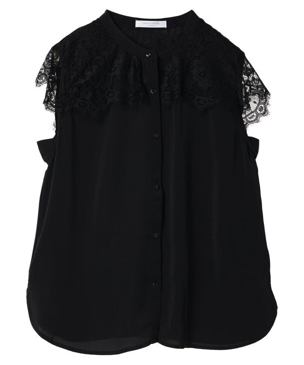 Green Parks 胸元レースフレンチスリーブブラウス Black