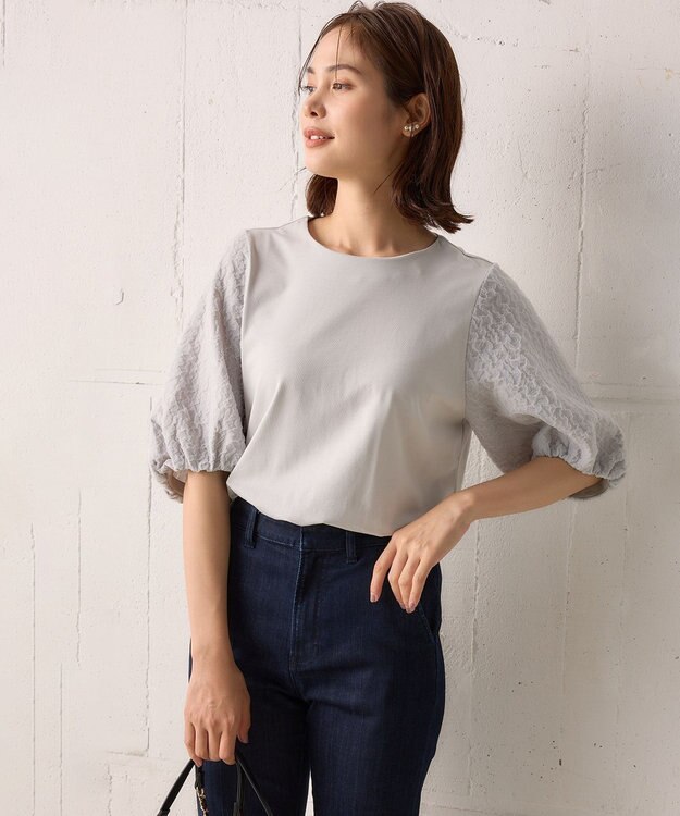 組曲 【洗える】レリーフスリーブジャージー カットソー ブルーグレー系