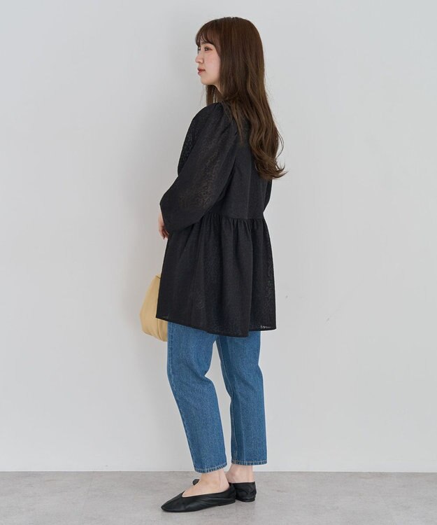 Green Parks ヒョウ柄ジャガードペプラムチュニックブラウス Black