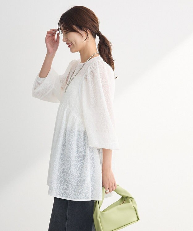 Green Parks ヒョウ柄ジャガードペプラムチュニックブラウス Off White