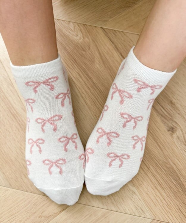 WEGO リボン総柄ショートソックス ホワイト