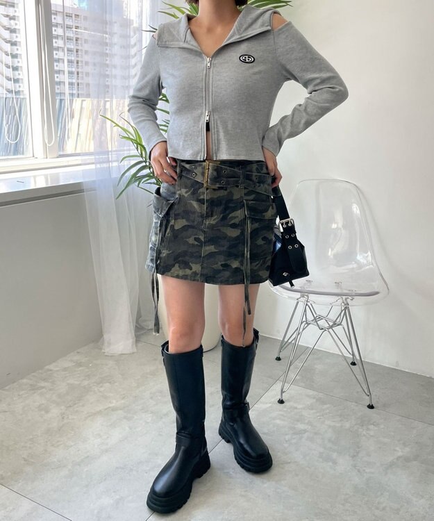 WEGO オープンショルダーダブルジップパーカー 杢グレー