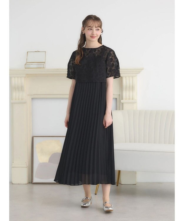 earth music&ecology ＳＥＴ２点　オーガンジー刺繍＋プリーツワンピース Black