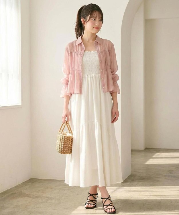 Feroux 【洗える】シャーリング シアーシャツ ピンク系