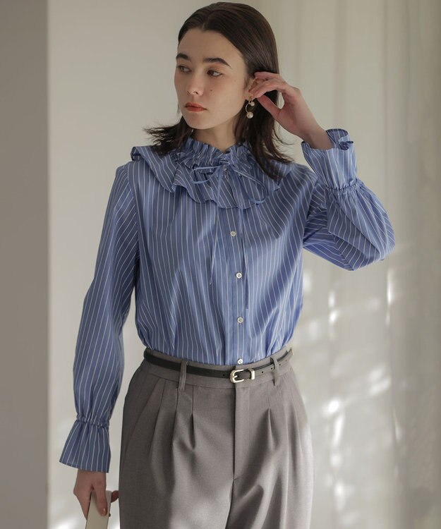 組曲 【2WAY】エアリーシャーティングフリル襟 ブラウス ブルーストライプ系1