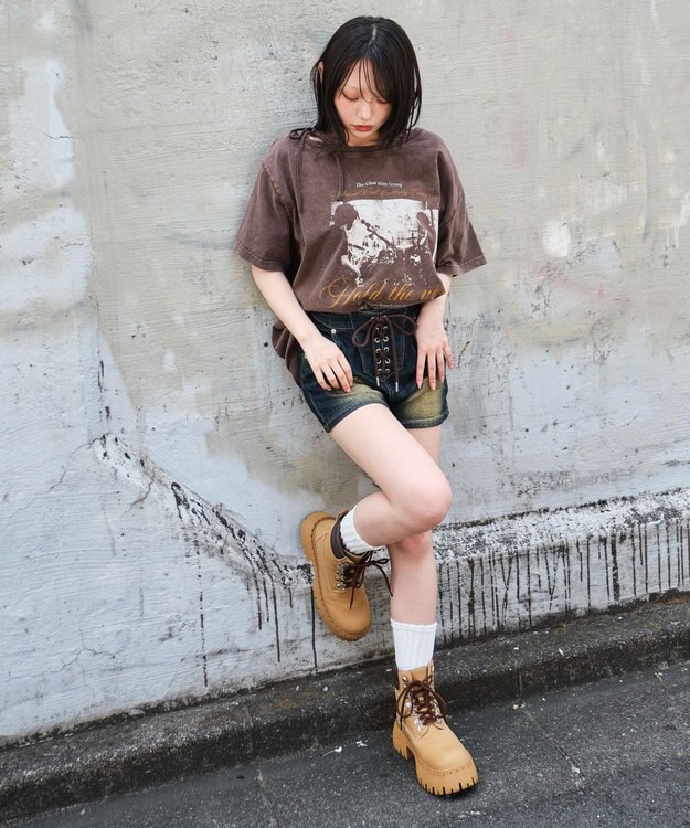 WEGO レースアップデニムショートパンツ デニム中濃加工色