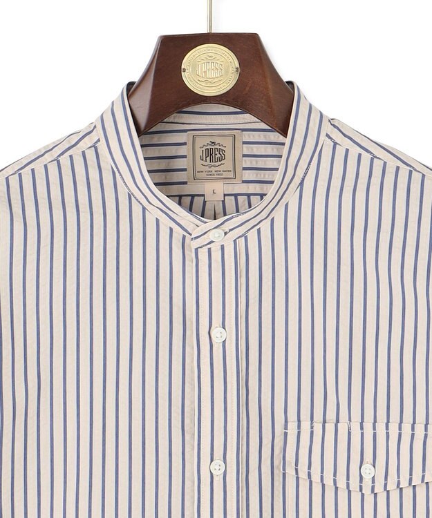 J.PRESS MEN 【クールマックス】サッカー マルチストライプ バンドカラーシャツ ベージュ系1