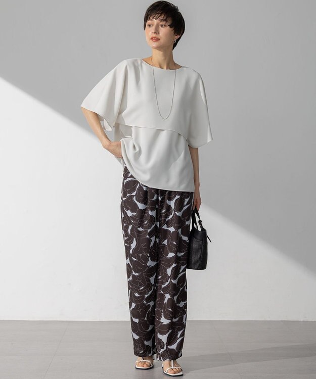 23区 【洗える】Ratti フラワーアートプリント ワイド パンツ ダークブラウン×グレー