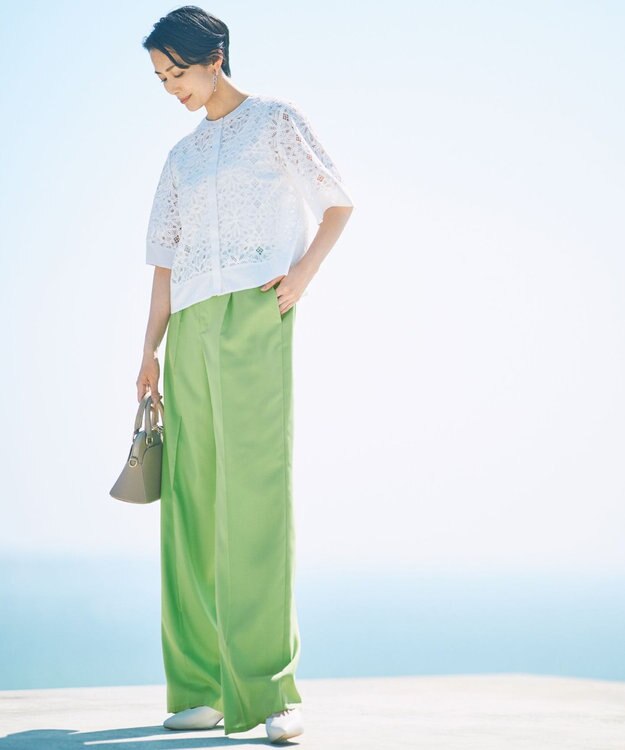 自由区 【カタログ掲載・接触冷感・UVケア・洗える】フルダルスパンマイクロピーチワイドストレート パンツ リーフグリーン