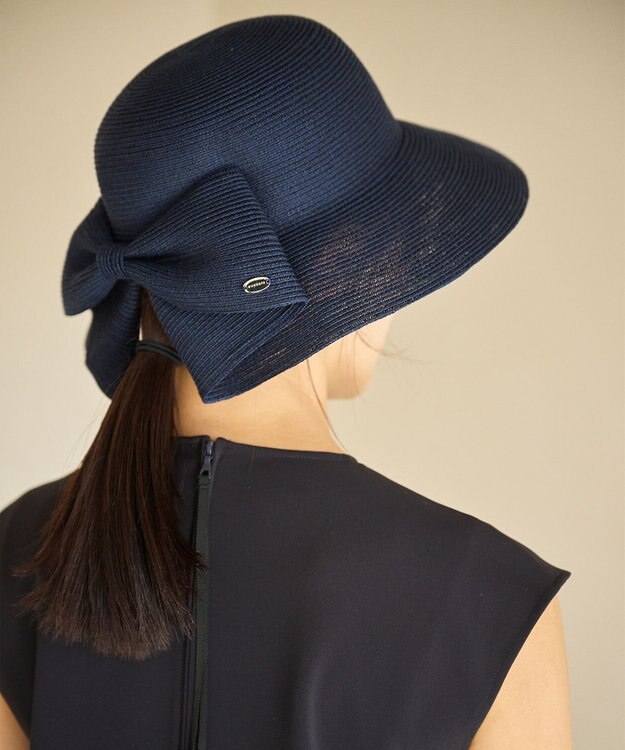 #Newans 【UVカット/洗える/折り畳み可能】ビッグリボンストローハット ネイビー