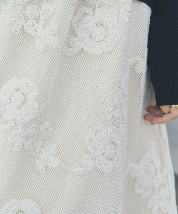 YECCA VECCA フラワー柄刺繍メッシュスカート Ivory