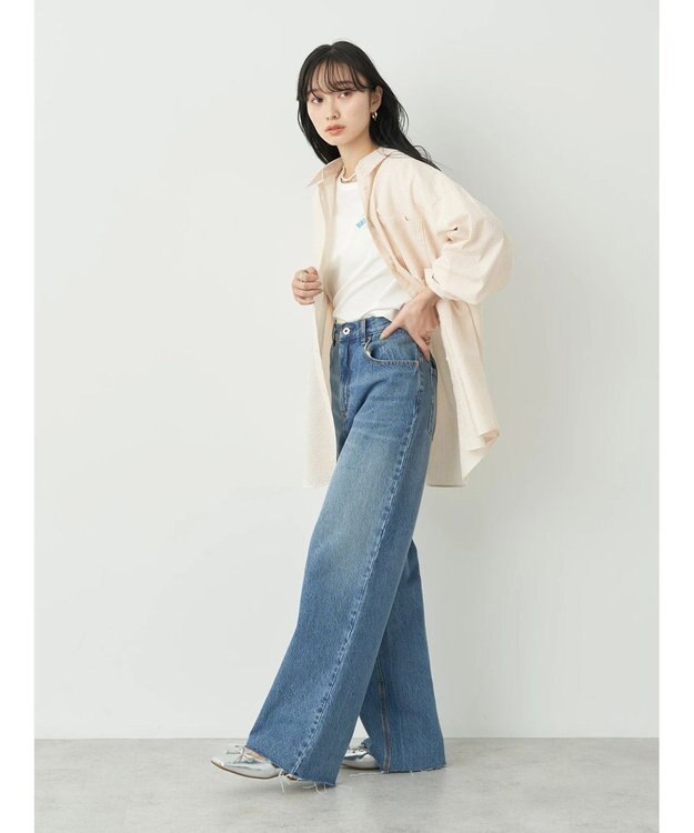 earth music&ecology ウ゛ィンテージ加工セルフカットワイドデニム Medium Indigo