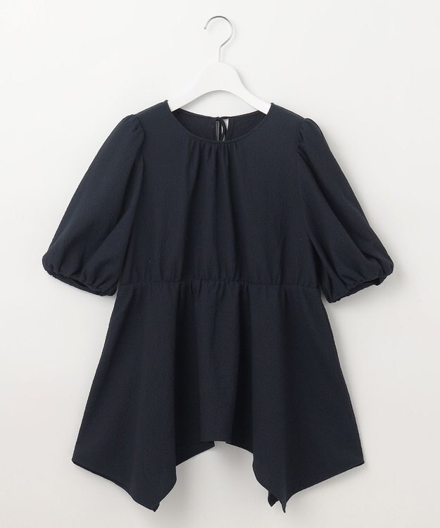 Feroux 【洗える】パフスリーブチュニック ブラウス ネイビー系