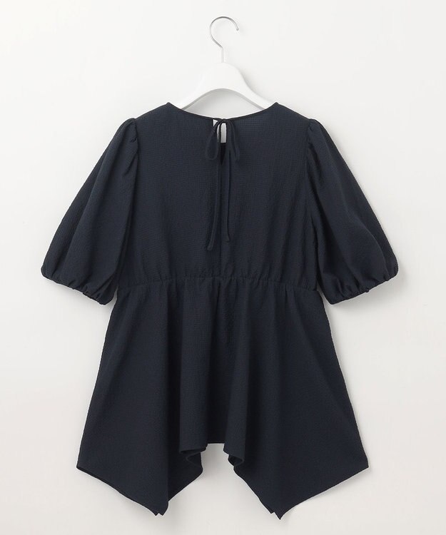 Feroux 【洗える】パフスリーブチュニック ブラウス ネイビー系