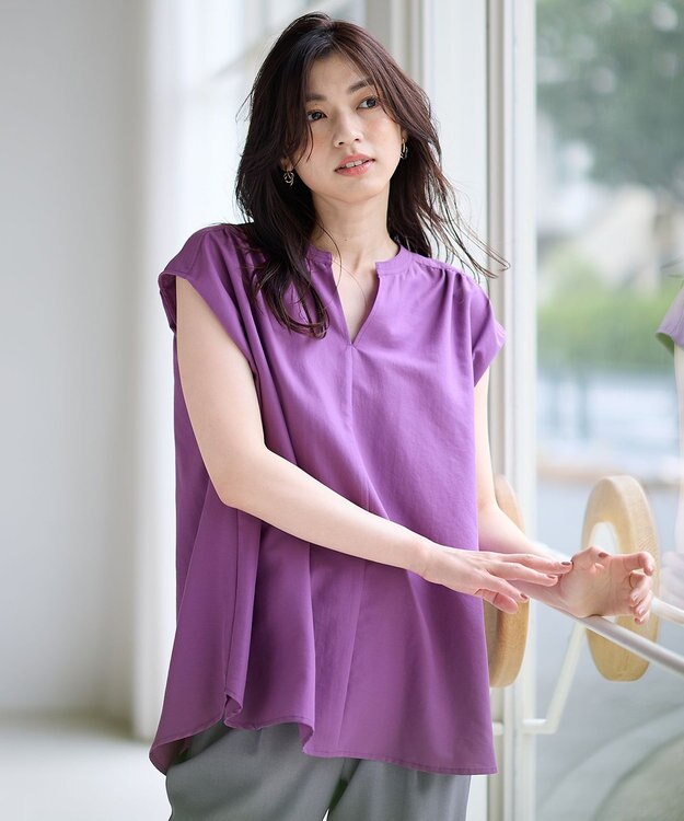 ANY ギャザーショートスリーブブラウス パープル