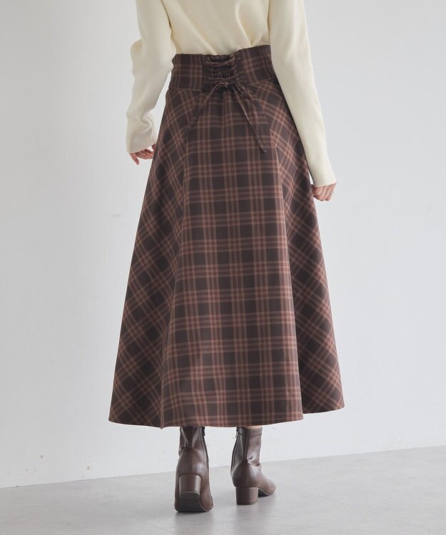 earth music&ecology バックレースアップスカート Check Brown
