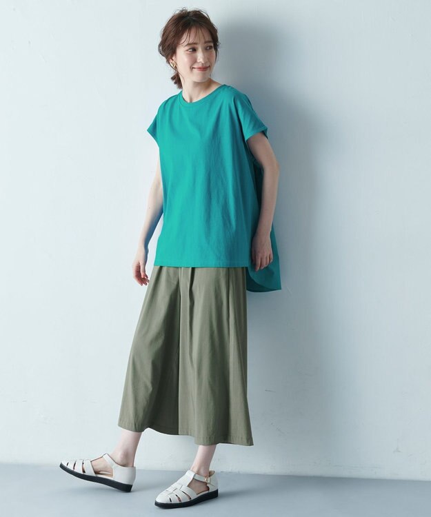 ANY L 【吸水速乾/シワになりにくい/アンチピリング】バックフレアフレンチスリーブカットソー グリーン