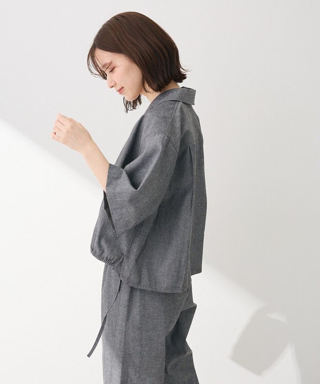 Green Parks 綿麻混裾ドロスト開襟シャツジャケット Gray Mixture