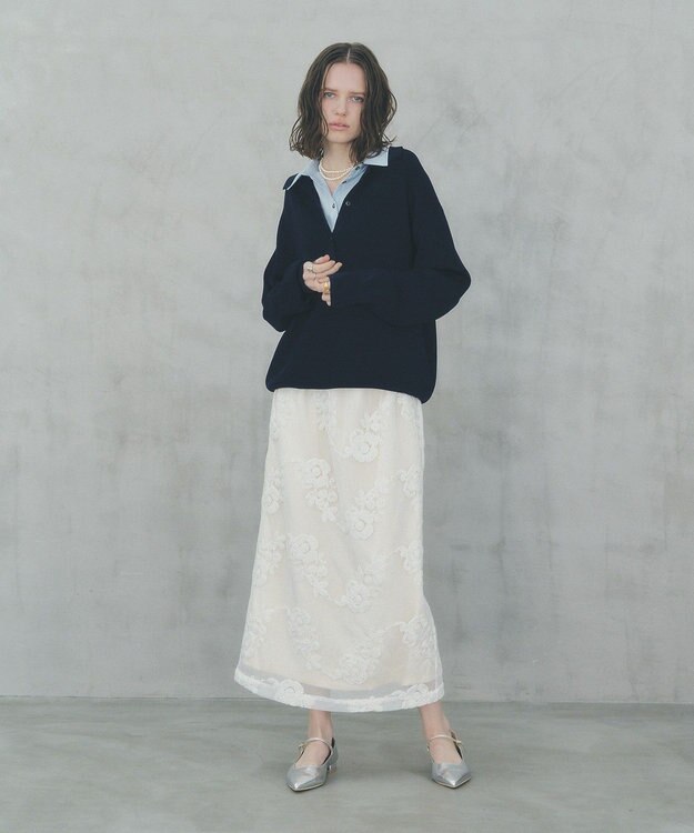 YECCA VECCA フラワー柄刺繍メッシュスカート Ivory