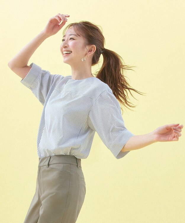 ANY SIS 【洗える】ノーカラーシャツ ブラウス オフストライプ