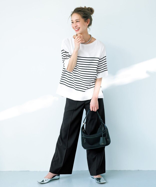 UNFILO スゴ機能 ハーフスリーブニットT オフ×ブラック