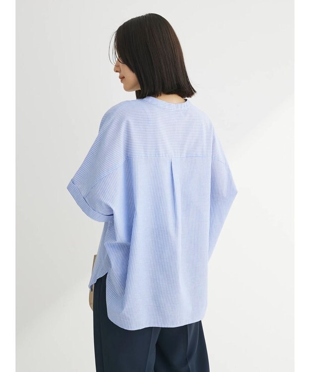 Green Parks 綿麻混フレンチスリーブスキッパーシャツ Stripe Blue