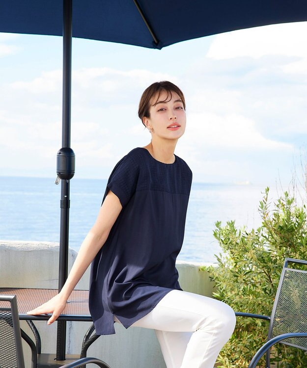 Tiaclasse L 【洗える】シアーコンビチュニックブラウス ネイビー