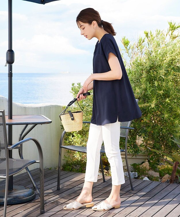 Tiaclasse L 【洗える】シアーコンビチュニックブラウス ネイビー