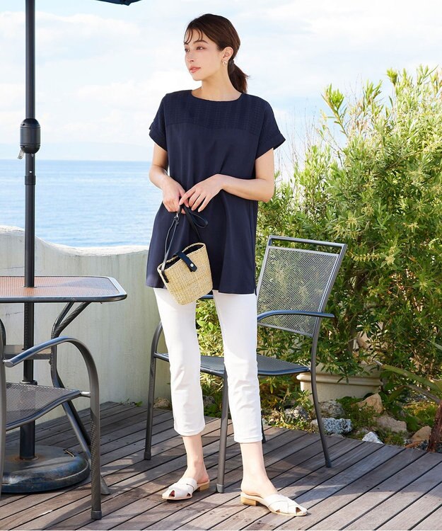 Tiaclasse 【洗える】シアーコンビチュニックブラウス ネイビー