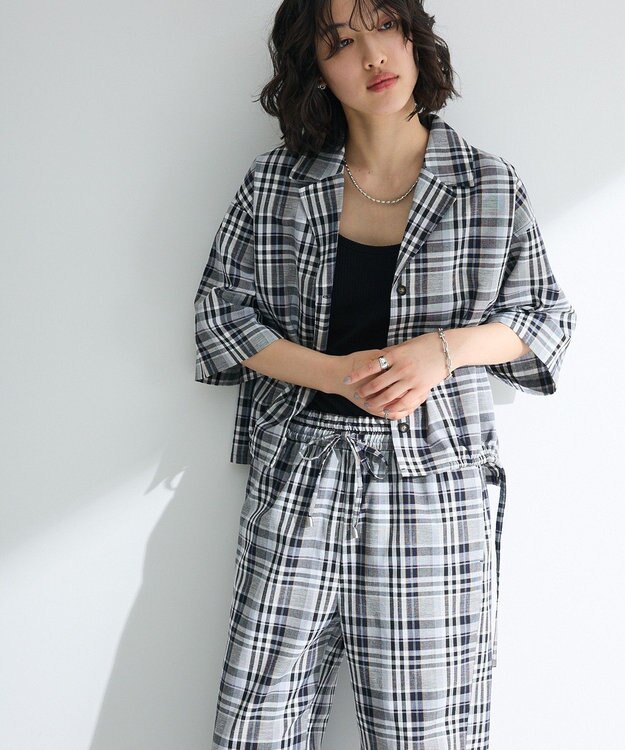 Green Parks 綿麻混裾ドロスト開襟シャツジャケット Check