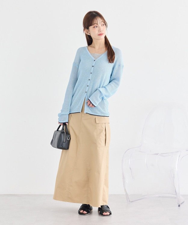 earth music&ecology バイカラーハリヌキカーディガン Light Blue