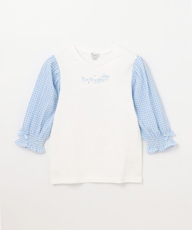 ANY KIDS 袖ギンガム 七分袖 Tシャツ オフホワイト×ブルーギンガム