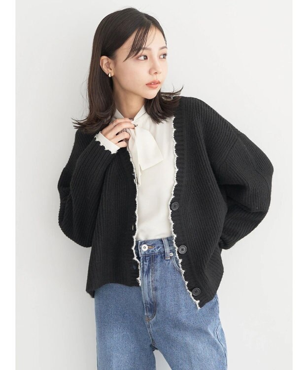 earth music&ecology スカラップニットカーディガン Black