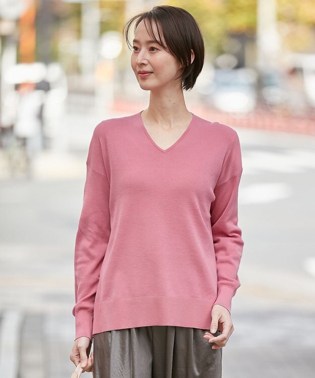 自由区 【XSサイズ～/洗える/セット着用可】ドライコットンハイゲージVネック ニット ピンク系
