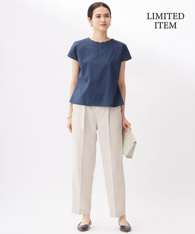 自由区 S 【WEB限定・接触冷感・洗える】エンブロイダリーローンプルオーバー ブラウス コバルトブルー