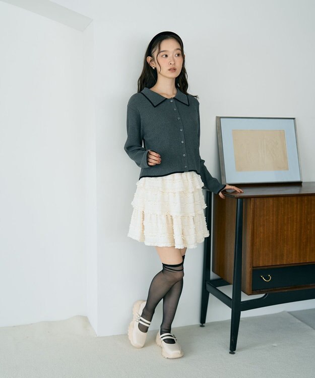 earth music&ecology バイカラートリムニットカーディガン Charcoal Gray