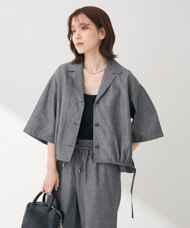 Green Parks 綿麻混裾ドロスト開襟シャツジャケット Gray Mixture