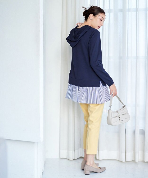 Tiaclasse L 【洗える】ポンチドッキングギャザーパーカー　 ネイビー×ストライプ