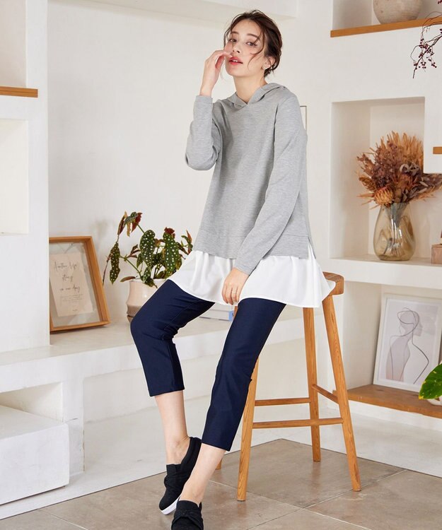 Tiaclasse L 【洗える】ポンチドッキングギャザーパーカー　 グレー×オフホワイト