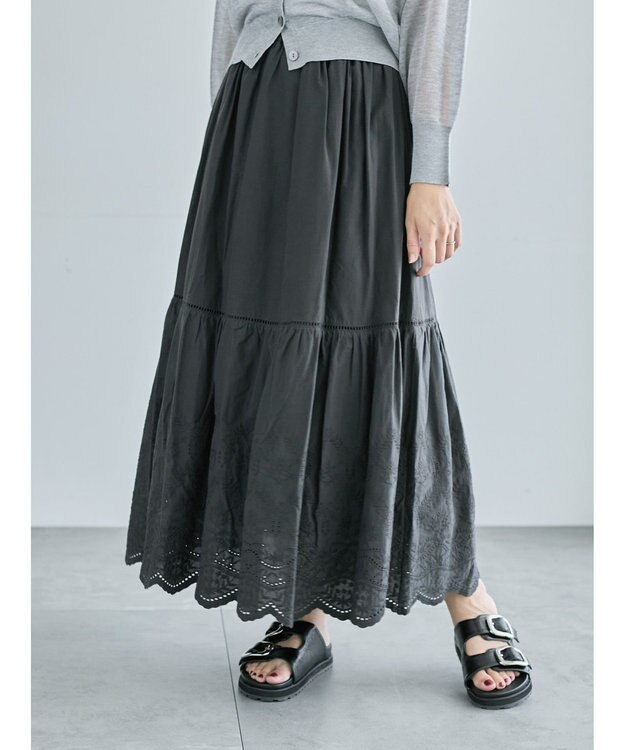 Te chichi エンブロイダリーティアードスカート チャコールグレー