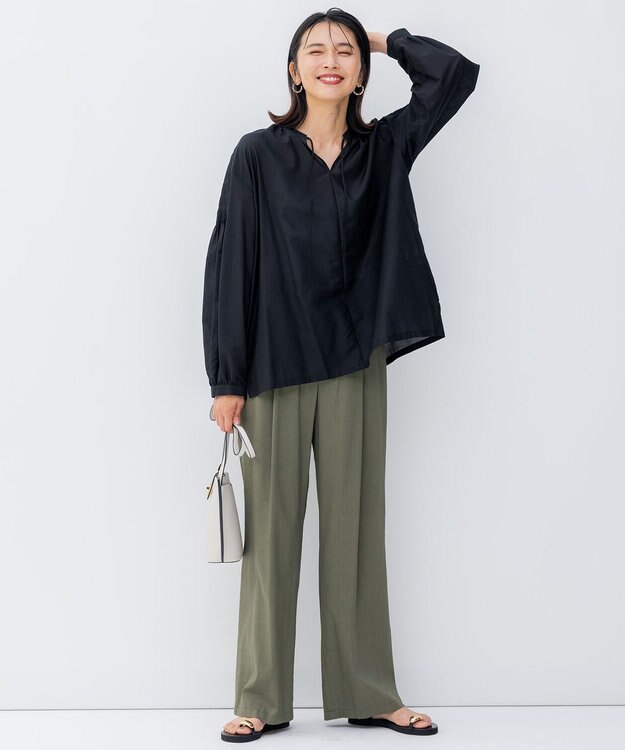 23区 【洗える】コットンシルクローン スキッパー ブラウス ブラック系