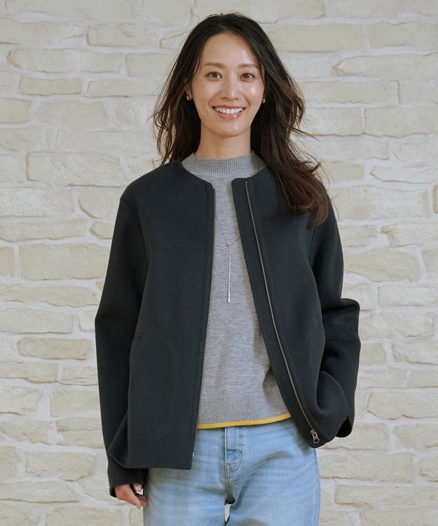 J.PRESS LADIES L ウールナイロンリバー ノーカラー コート ミッドナイト系